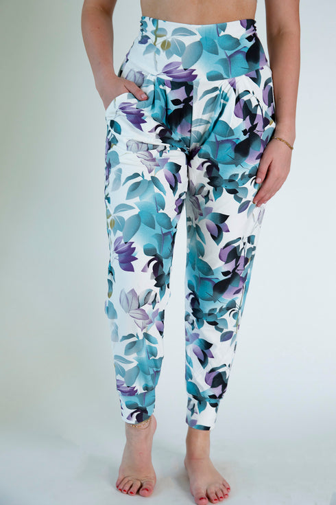 White Floral Print Harem Pants