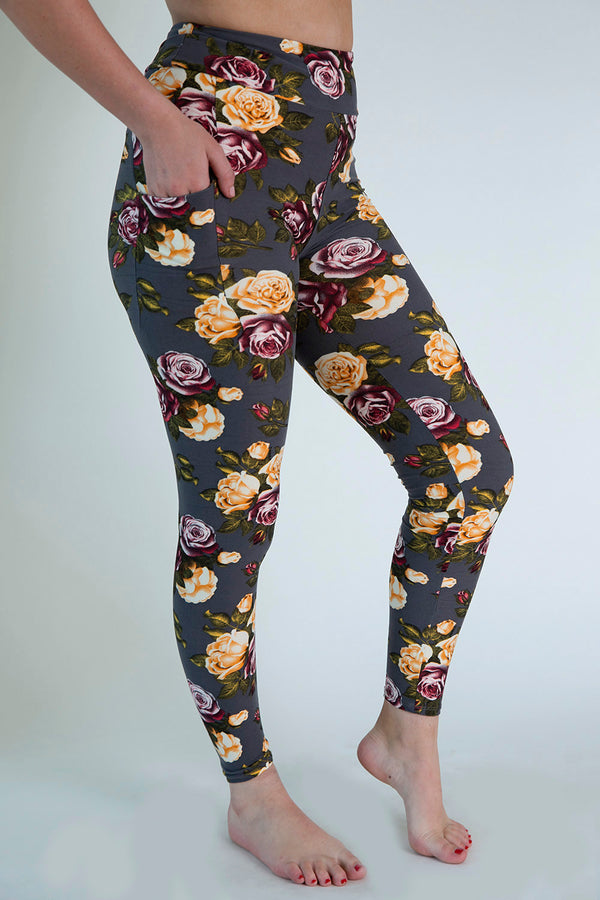 Charcoal Floral Print Pocket Leggings