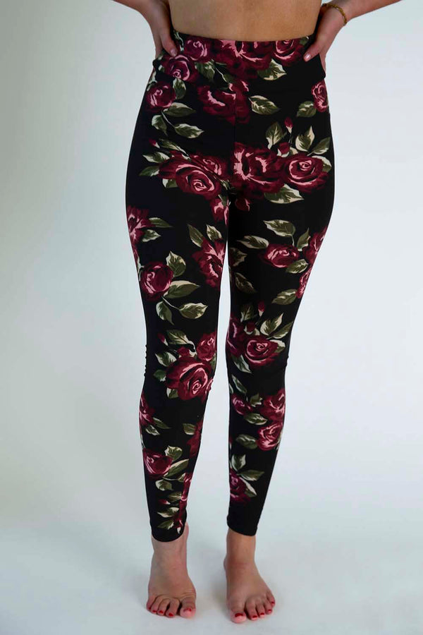 Black and Burgundy Floral Print Leggings