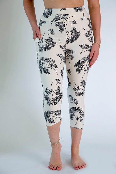 Cream and Black Print Capri Pocket Leggings