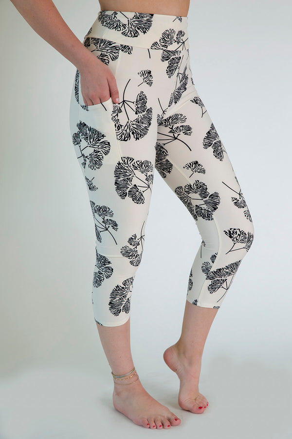 Cream and Black Print Capri Pocket Leggings