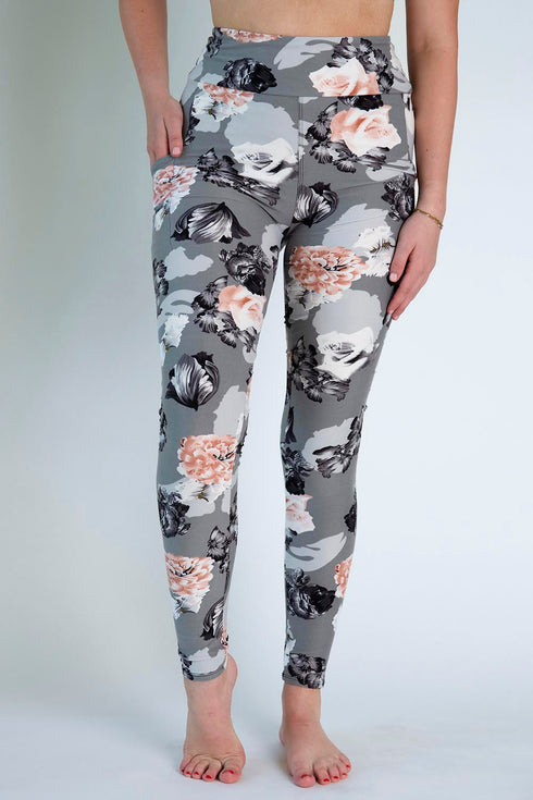 Light Gray Floral Print Pocket Leggings