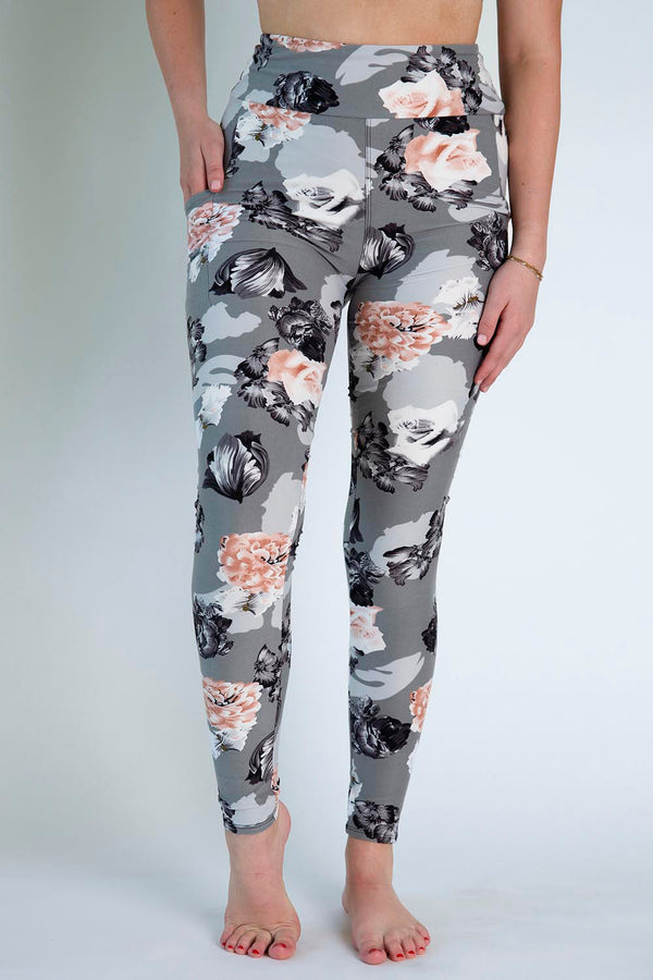Light Gray Floral Print Pocket Leggings