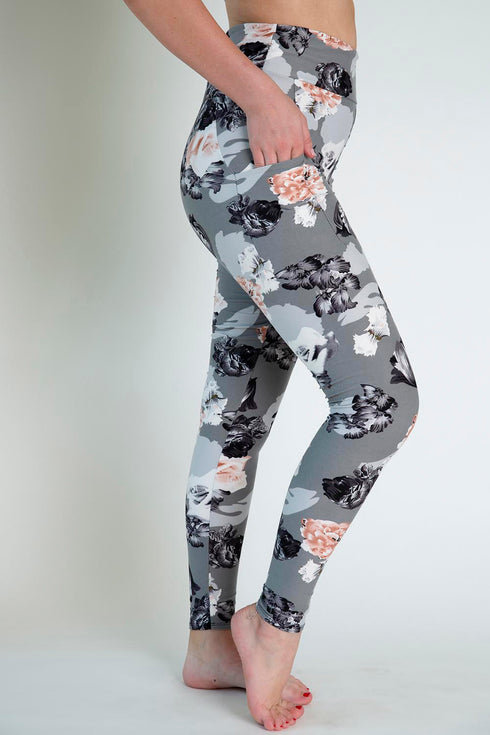 Light Gray Floral Print Pocket Leggings